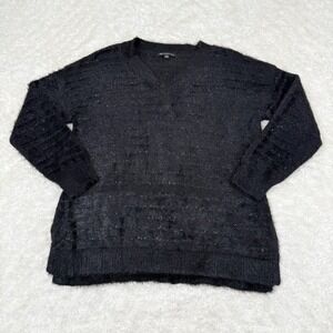 INC International Concepts Women's Blaxk L Large Fuzzy V Neck Sweater Goth Emo